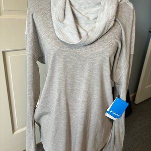 COLUMBIA LADIES SIZE L PULLOVER TOP WITH  X-LARGE COW NECK. GRAY  LONG SLEEVES.